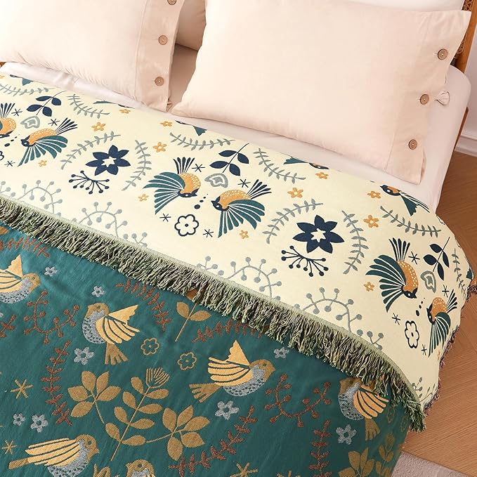 Boho Throw Blanket - 100% Cotton Soft Throw Blanket for Bed, 60"x80" Reversible Breathable Lightweight Spring Blankets, All Seasons Farmhouse Decor Floral Plant Throw Quilt