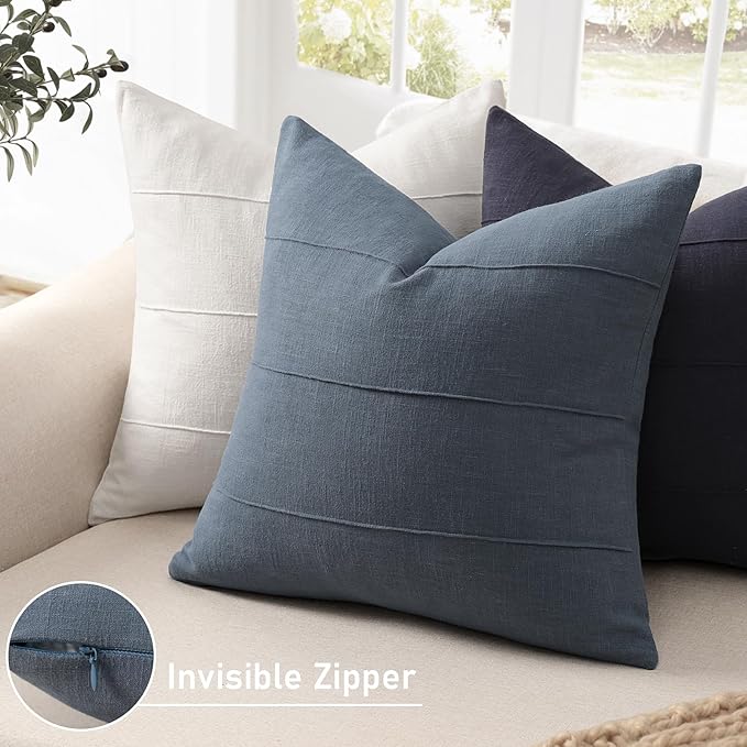 12x20 Pillow Covers Set of 2 Decorative Linen Lumbar Pillow Covers Solid handcrafted Striped Cushion Covers for Bed Soft Modern Farmhouse Neutral Pillowcase for Couch Bedroom Living Room (Slate Blue)