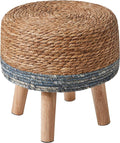 YMYNY Foot Stool Natural Seagrass Hand Weave, 12.6" Small Ottoman, Round Footrest for Living Room, Bedroom, Entryway, Change Shoes Stool, Non-Skid Wood Legs, Boho, Natural+Blue, UHBD027Q