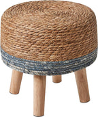 YMYNY Foot Stool Natural Seagrass Hand Weave, 12.6" Small Ottoman, Round Footrest for Living Room, Bedroom, Entryway, Change Shoes Stool, Non-Skid Wood Legs, Boho, Natural+Blue, UHBD027Q