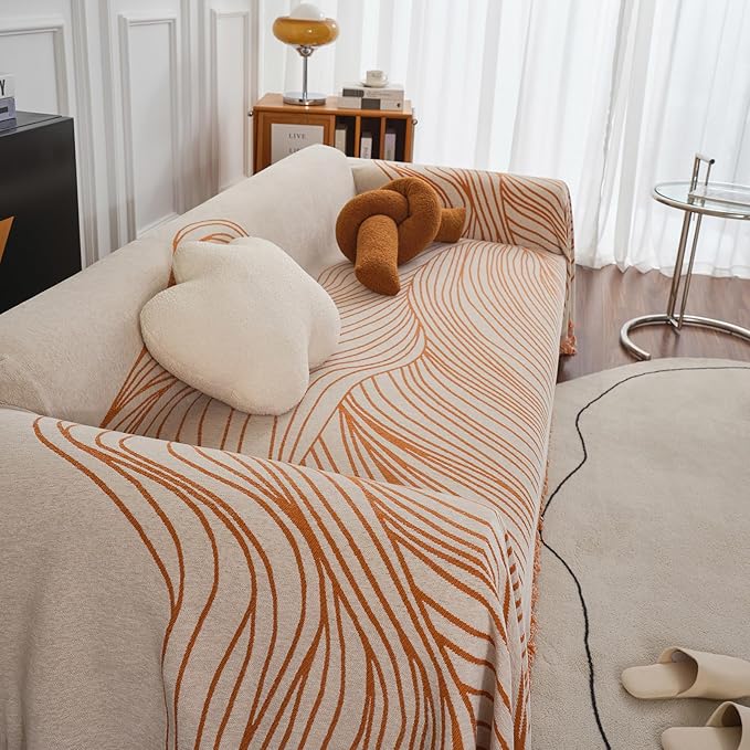 VClife Couch Cover Soft Chenille Sofa Cover Modern Minimalist Creamy Beige Couch Cover with Abstract Terracotta Line - Washable Non Slip Sofa Slipcover Reverse Oversize Sofa Protector