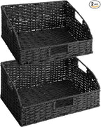 StorageWorks Wicker Baskets with Handles, Pantry Organizers and Storage, Paper Rope Pantry Baskets for Shelves, Black， 2-Pack