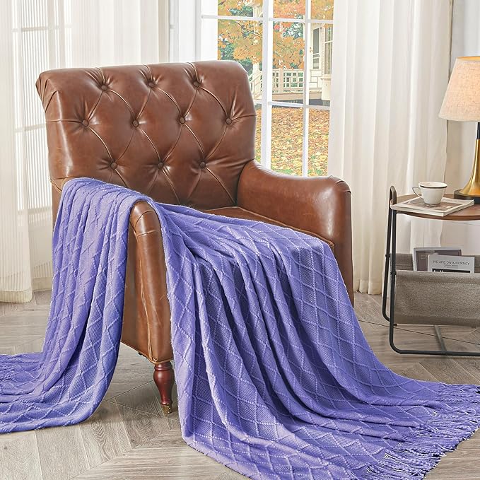 inhand Cornflower Blue Knitted Throw Blanket for Couch Bed, Mothers Day/Mom Birthday Gifts for Mom from Daughter Son, Soft Lightweight with Tassels, Farmhouse Decorative Blanket for Women, 50"x60"