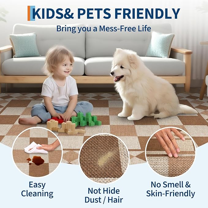 GarveeHome Easy Jute Area Rug 5x7 Washable Rugs for Living Room Checkered Indoor Outdoor Rug for Patio Farmhouse Non-Slip No Shed Jute Rugs Geometric Carpet for Backyard Entryway Dining Room, Brown