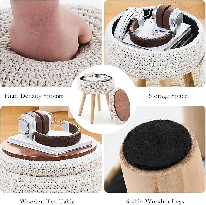 Round Foot Stool Ottoman with Storage Footrest with Wood Legs Cotton Knitted Vanity Stool Tray Top Coffee Table Multifunctional Upholstered Footstool for Living Room Bedroom White