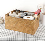 Hipiwe Seagrass Storage Baskets Bin for Shelf,X-Large Handwoven Wicker Baskets Built-in Handles Rectangular Closet Bedroom Organizer Box Multipurpose Pantry Basket,Caramel Color