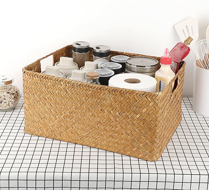 Hipiwe Seagrass Storage Baskets Bin for Shelf,X-Large Handwoven Wicker Baskets Built-in Handles Rectangular Closet Bedroom Organizer Box Multipurpose Pantry Basket,Caramel Color