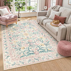 Lahome Sylvie Pink Bedroom Rug for Girls Room Decor, 5x7 Washable Cute Playroom Nursery Rug, Soft Floral Low Pile Carpet for Kids Living Dining Room Indoor, Pink/Multi