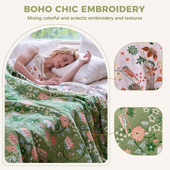 Boho Throw Blanket for Bed 100% Cotton Soft Breathable Quilt Room Decor Spring Bed Blankets,Floral Garden Embroidery All Season Green Reversible Blankets for Sofa Couch Chair 90"x98"