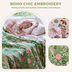 Boho Throw Blanket for Bed 100% Cotton Soft Breathable Quilt Room Decor Bed Blankets,Floral Garden Embroidery All Season Green Reversible Blankets for Sofa Couch Chair 80"x90"