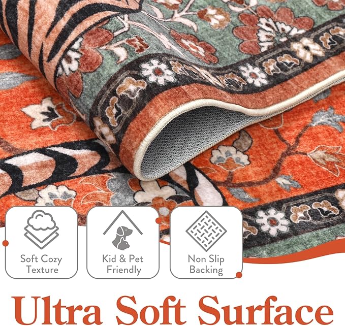 Moynesa Tiger Washable Area Rug, 9x12 Living Room Rug, Vintage Non Slip Large Rug for Dining Room, Ultra Thin Boho Soft Stain Resistant Indoor Carpet for Bedroom Guest Room, Rust