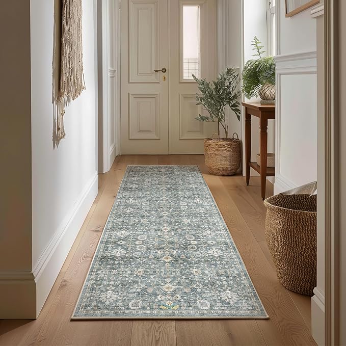 2'x6' Washable Runner Rug Utral Soft Lightweight Vintage Boho Distressed Non-Slip Backing,Low Pile Stain Resistant Farmhouse Rug for High-Traffic Hallway, Kitchen & Laundry