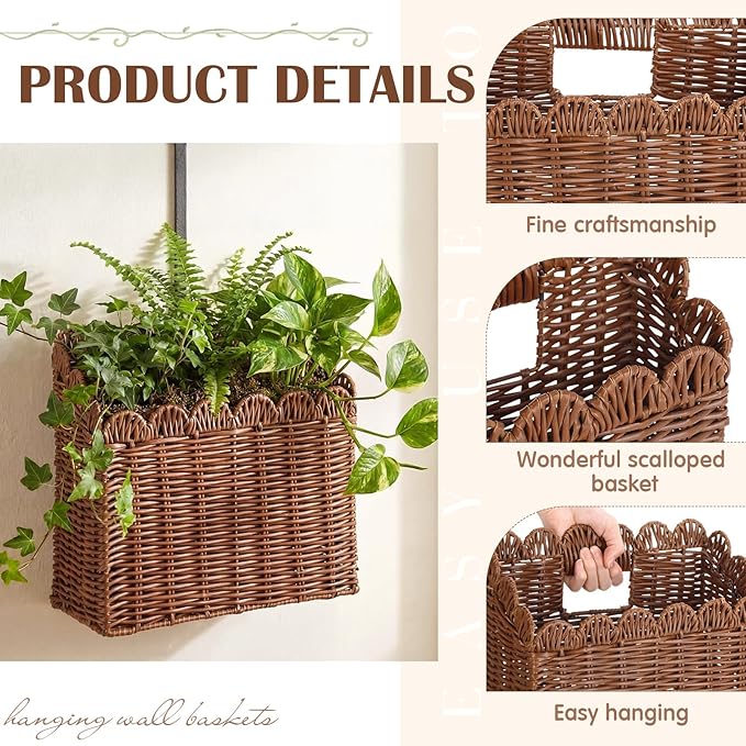 2 Pack Scalloped Wicker Hanging Basket for Organizing Woven Wall Baskets for Front Door Mail Flowers Books Accessories Boho Rustic Farmhouse Wall Decor (Pe Rattan)