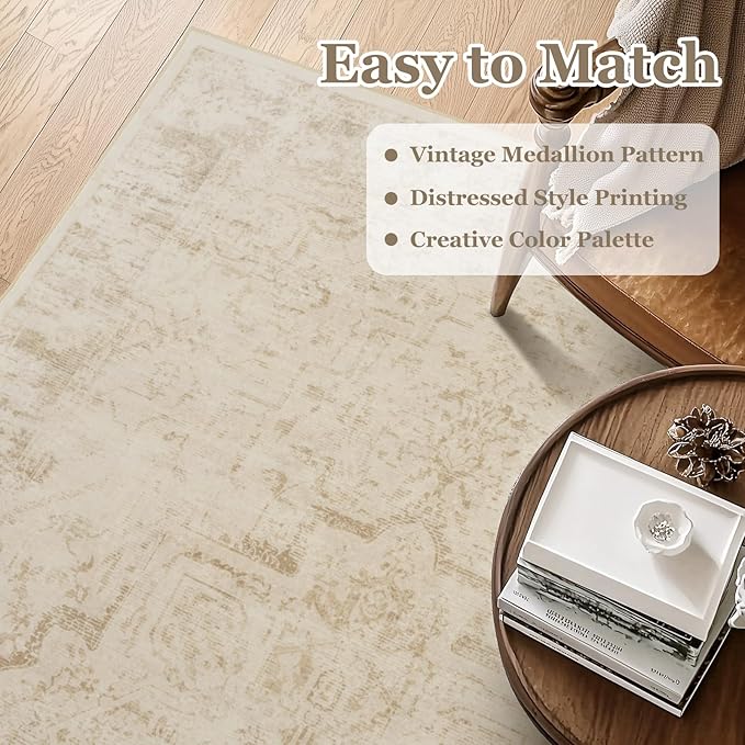 Beige Round Rugs 6ft, Low Pile Thin Circle Area Rugs for Bedroom Living Room Washable Non Slip, Vintage Medallion Distressed Neutral Round Carpet for Kitchen Dining Room