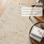 Neutral Beige Round Rugs 5ft, Washable Non Slip Thin Circle Rugs for Bedroom Living Room, Traditional Medallion Printed Circle Carpet 5 feet for Kitchen Dining Room