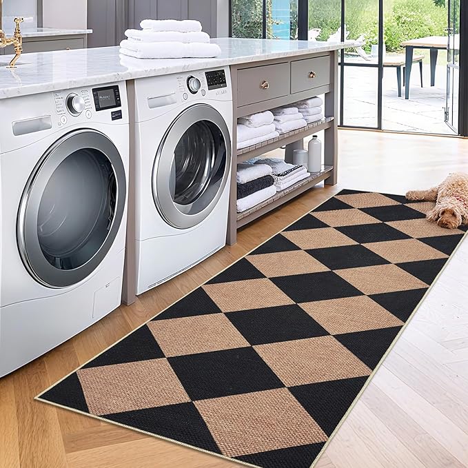 GarveeHome Checkered Easy Jute Runner Rug 2x6 Non-Slip Machine Washable Stain Resistant Indoor Outdoor Rugs for Living Room, Bedroom, Kitchen, Dining, Patio - Farmhouse Style Black Tan