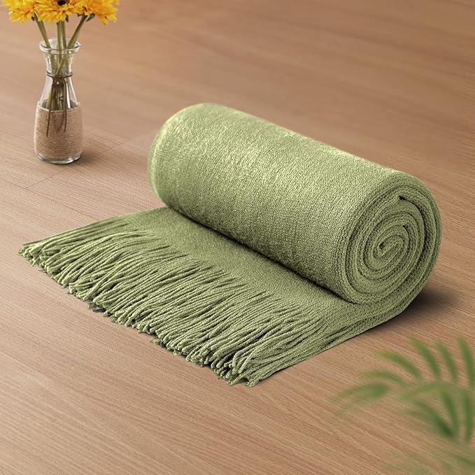Vonty Olive Green Knitted Blanket with Tassels Fringe 50" x 60", Super Soft Knit Throw Blanket, Farmhouse Decorative Lightweight Blanket for Couch, Sofa, Bed