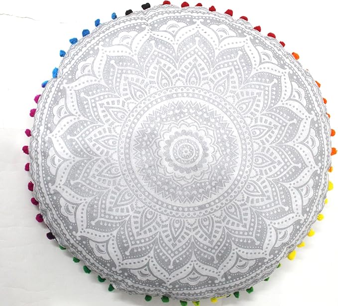 CRAFT KALA 32" Round Large Round Bohemian Floor Pillow Pouf Cover Mandala Meditation Room Pillow Cover for Adults Boho Seating Poufs Cushion Cover for Kids Playroom Silver Matellic Ombre