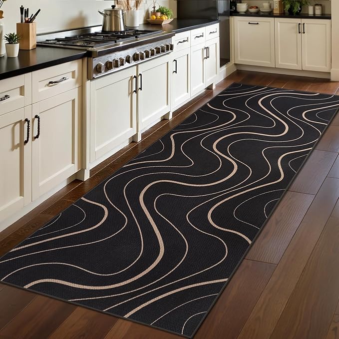 Tangsoo Easy Jute 2x6 Runner Rug for Hallways,Modern Washable Non-Slip Outdoor Rug Runner,Farmhouse Black Lines Thin Carpet Runner for Laundry Bedroom Kitchen Entryway Porch