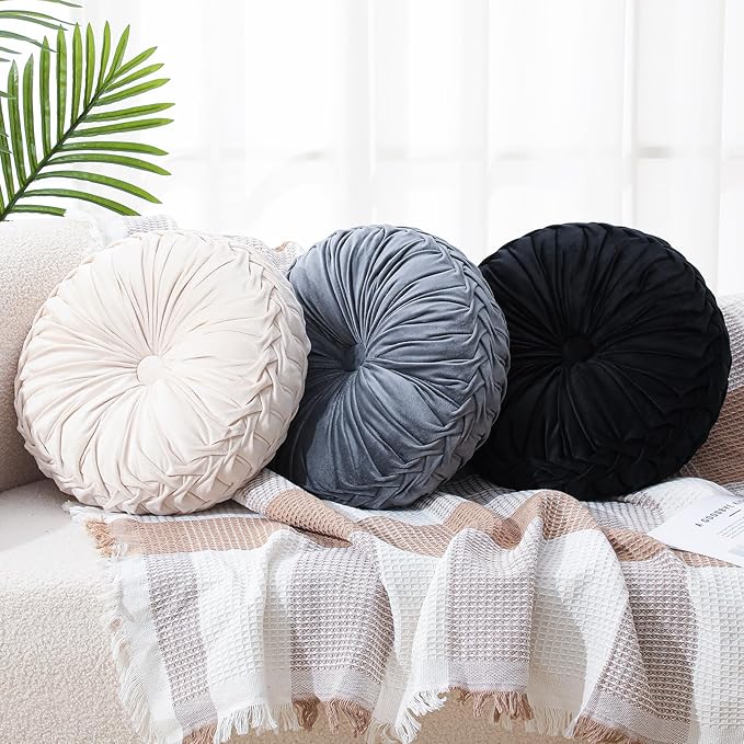 Round Throw Pillows Decorative Pleated Throw Pillows 15'' Diameter Accent Pumpkin Boho Chair Cushion for Couch Sofa Home Decoration(Black, White, Gray,3 Pcs)