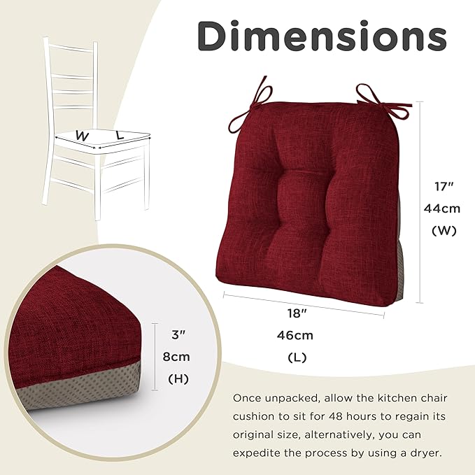 AddGrace Chair Cushions for Dining Chairs Set of 2 Kitchen Seat Cushions with Ties and Non Slip Backing Tufted Indoor Seat Pad for Kitchen Dining Room 18" x 17" x 3" Burgundy