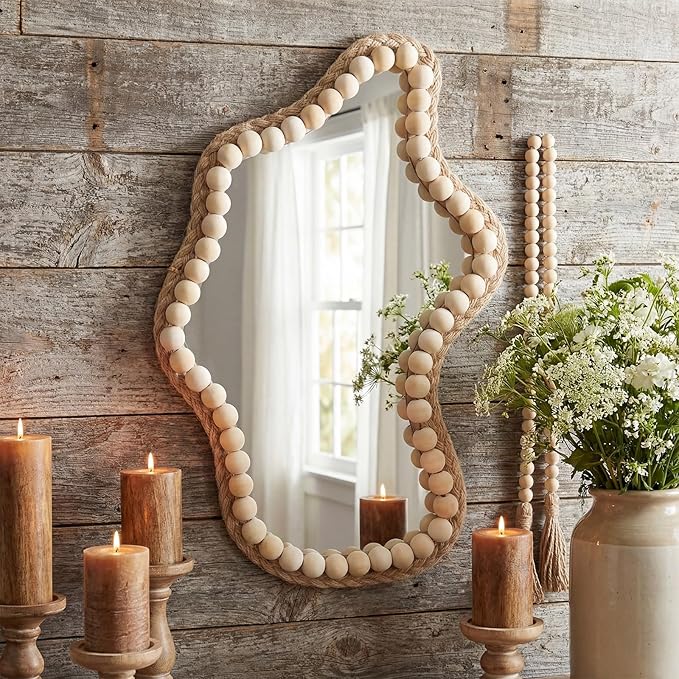 Boho Wall Decor Mirror 14"x9" Irregular Wall Mirror Small Farmhouse Rustic Decorative Wooden Bead Hanging Mirrors for Bedroom Living Room Vanity Entryway Over Sink Modern Home Decor