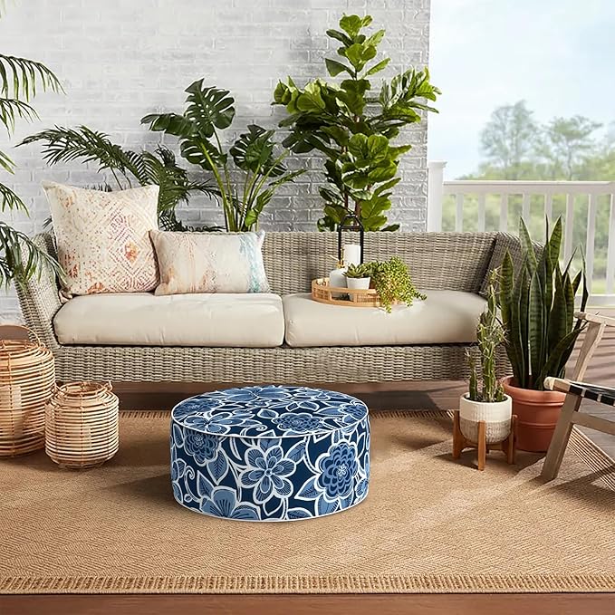 Indoor/Outdoor Inflatable Ottoman D21 x H9 inch, Round Footstool Inflatable Foot Rest Ottomans with Handle, Portable Ottoman Pouf for Patio, Garden, Camping, Home,Flower Navy