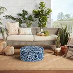 Indoor/Outdoor Inflatable Ottoman D21 x H9 inch, Round Footstool Inflatable Foot Rest Ottomans with Handle, Portable Ottoman Pouf for Patio, Garden, Camping, Home,Flower Navy