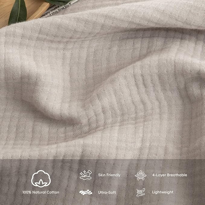 FOSSA Muslin Blanket with Fringe - 4-Layer 100% Cotton Gauze Super Soft & Breathable Throw -Lightweight Decorative Cooling Blanket for Bed, Sofa, Office -Twin XL Size 90" × 66" (Beige Gray)