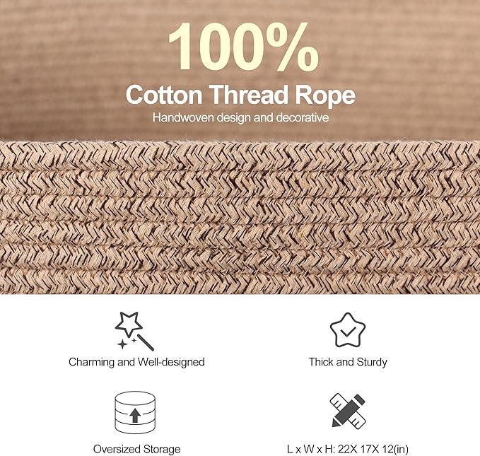 Large Storage Basket for Blankets, 75L Woven Blanket Storage for Living Room, Cotton Rope Baskets for Organizing, Kids Dog Toy Bin Box, Rectangle Pillow Holder Organizer, 22”x17”x12”