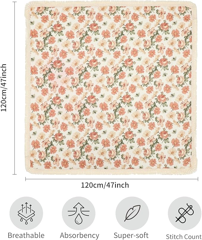 insular Cotton Muslin Baby Blanket with Tassel, Boho Bohemian Muslin Swaddle Blanket Baby Receiving Blanket with Fringe, Nursery Decor Throw or Nursing Blankets, 47" x40”, Floral&Bee