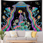 Galoker Blacklight Skeleton Tapestry Fantasy Plant Floral Tapestries UV Reactive Alien UFO Tapestry Galaxy Space Tapestries Wall Hanging for Home Decor(H51.2×W59.1 inches)