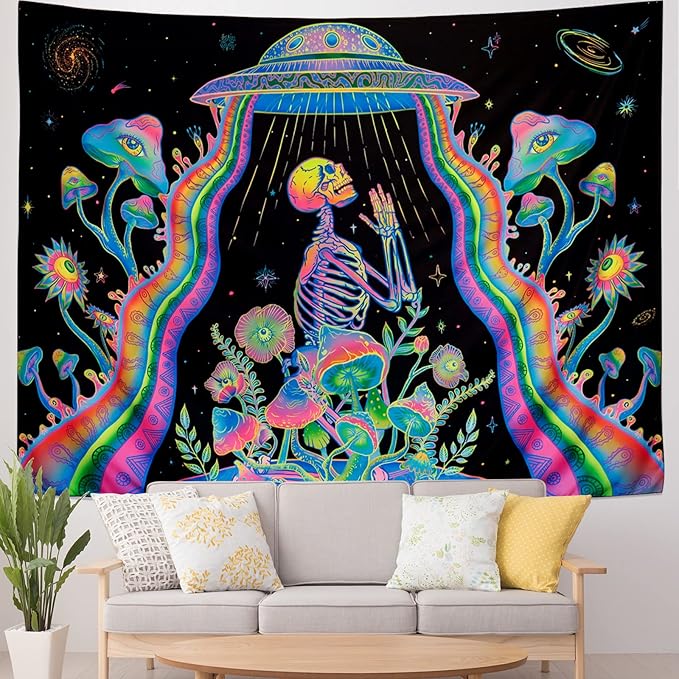 Galoker Blacklight Skeleton Tapestry Fantasy Plant Floral Tapestries UV Reactive Alien UFO Tapestry Galaxy Space Tapestries Wall Hanging for Home Decor(H51.2×W59.1 inches)