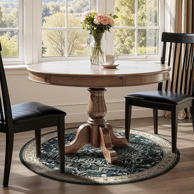 Dark Medallion Round Rugs 5ft, Non Slip Washable Thin Circle Rugs for Kitchen Dining Room, Traditional Medallion Printed Circle Carpet 5 feet for Bedroom Living Room, Midnight/Multi
