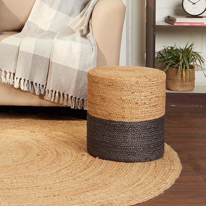 REDEARTH · Cylindrical Pouf Foot Stool Ottoman - Jute Braided Pouffe Poof Accent Sitting Footrest for Living Room, Bedroom, Nursery, Patio, Lounge - Set of 2 (14.5”X14.5”X16”; Natural Gray)