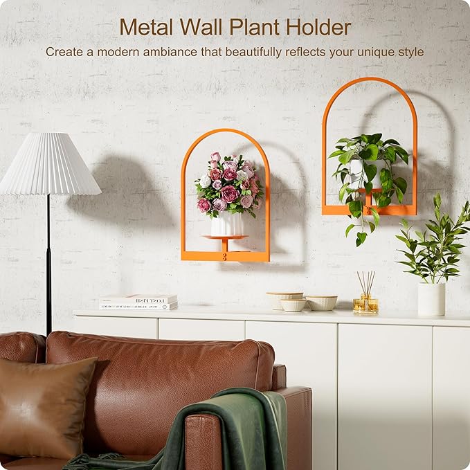 Orange Metal Wall Plant Holder - 3-Pack Wall Mounted Plant Stands and Hanging Holders for Indoor Planter and Flower Pot - Arch Decor Shelf for Plant Storage (Pot Not Included)