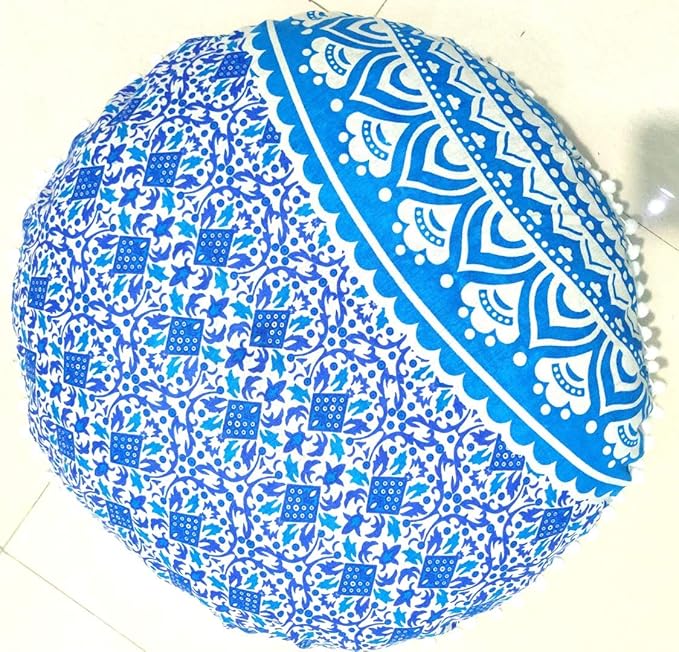 INDIAN CRAFT CASTLE 24" Mandala Barmeri Large Floor Pillow Cover Cushion Meditation Seating Ottoman Throw Cover Hippie Decorative Zipped Bohemian Pouf Ottoman Poufs, Pom Pom Pillow Cases