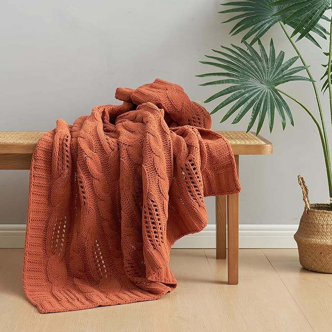 Amélie Home Chunky Knit Throw Blanket, Dual-Sided Soft Chenille Breathable Cable Knitted Blanket for Couch, Farmhouse Decorative Throw for Sofa & Chair, 60"x80", Burnt Orange