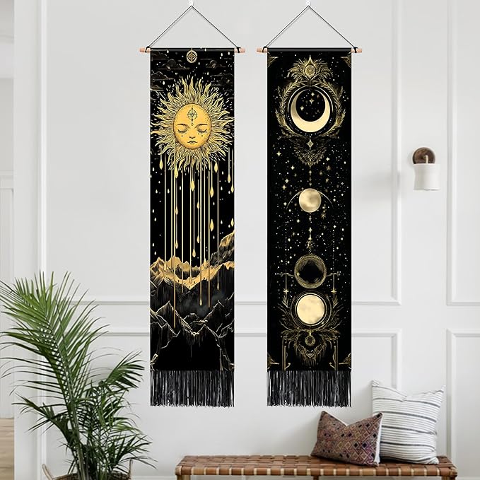 AOHMPT Pack of 2 Long Vertical Tapestry,Nature Landscape Tapestry with Serene Mountain River, Moon & Sun Motifs,Traditional Ink Painting Wall Art,Zen Aesthetic Wall Hanging for Living Room Bedroom Decor 13" W x 51" H"