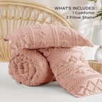 Bedsure Tufted Boho Comforter Set Queen Size - Light Pink Boho Bed Set, GentleSoft™ 3 Pieces Farmhouse Shabby Chic Embroidery Bedding, Gifts for Woman, Soft Jacquard Queen Comforter for All Seasons