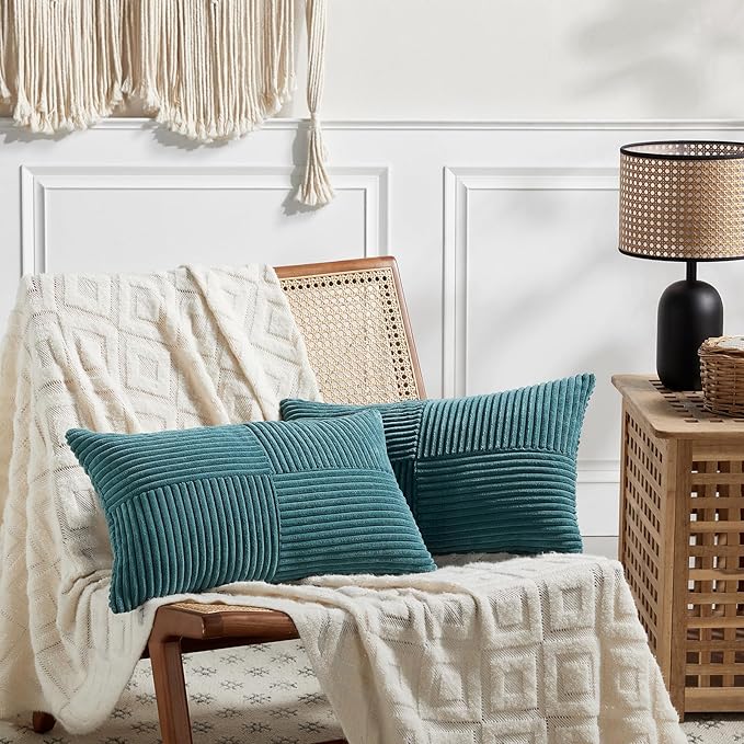 Fancy Homi 2 Packs Teal Lumbar Decorative Throw Pillow Covers 20x28 Inch for Living Room Couch Bed Sofa, Rustic Farmhouse Boho Home Decor, Soft Striped Corduroy Rectangle Accent Cushion Case 50x70 cm