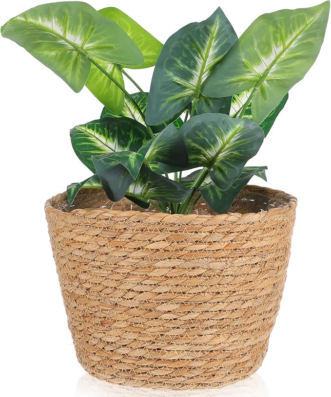 Woven Flower Basket Plant Pot with Plastic Liner Indoor Outdoor Decorative Rattan Planter for Small Plants Succulents and Home Garden