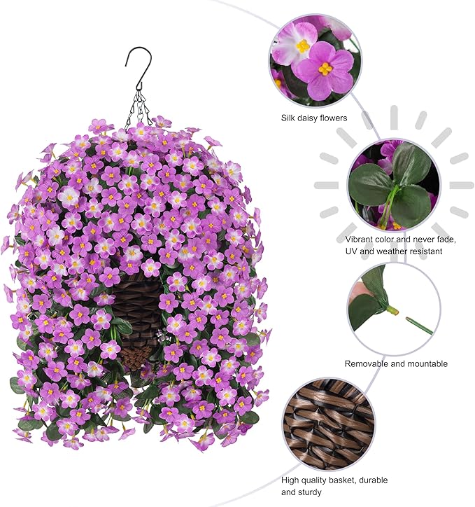 Artificial Hanging Daisy Flowers Plants Baskets for Outdoor Decoration, Fake Silk Light Fuchsia Mums Orchid Trailing Vines in Planter Realistic UV Resistant for Balcony Porch Decor