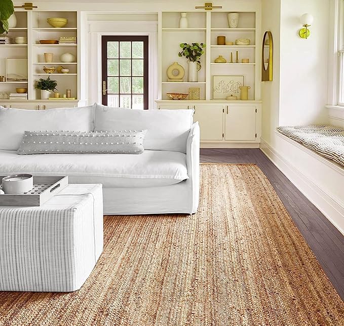 Hand Woven Jute Rug 6x9 Feet Rectangle - Handcrafted Braided Design, Indoor & Outdoor Reversible Natural Fiber Rug - Rustic Farmhouse Carpet for Living Room, Hallway, Bedroom (Natural, 6'x9')