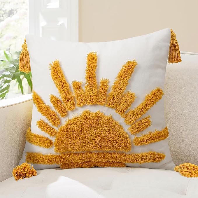 Adabana Boho Decorative Throw Pillow Covers 18x18 Tufted Yellow Sun Sunshine Pillow Cover for Bedroom Living Room Bed Sofa