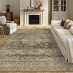 10x12 Vintage Area Rug Green Brown Living Room Bedroom Washable Carpet Non-Slip Soft Low Pile Distressed Indoor Large Throw Rug for Dining Room Office