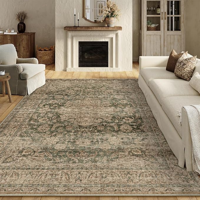 10x14 Vintage Area Rug Green Brown Living Room Bedroom Washable Carpet Non-Slip Soft Low Pile Distressed Indoor Large Throw Rug for Dining Room Office