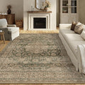 10x14 Vintage Area Rug Green Brown Living Room Bedroom Washable Carpet Non-Slip Soft Low Pile Distressed Indoor Large Throw Rug for Dining Room Office