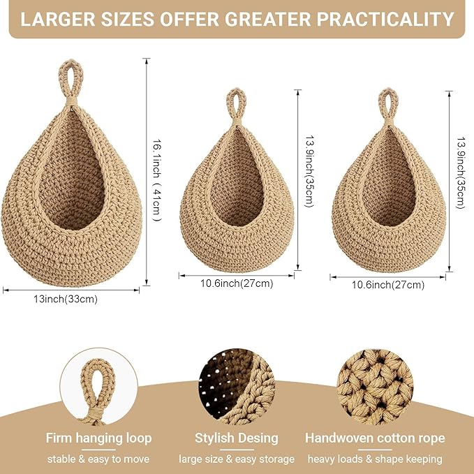 Halidali Hanging Fruit Baskets for Kitchen, 3 Pack Boho Cotton Rope Handwoven Vegetable Storage Wall Mounted Large Organizing Basket for Farmhouse Decor, Onion, Potato, Garlic and Plants (Linen)