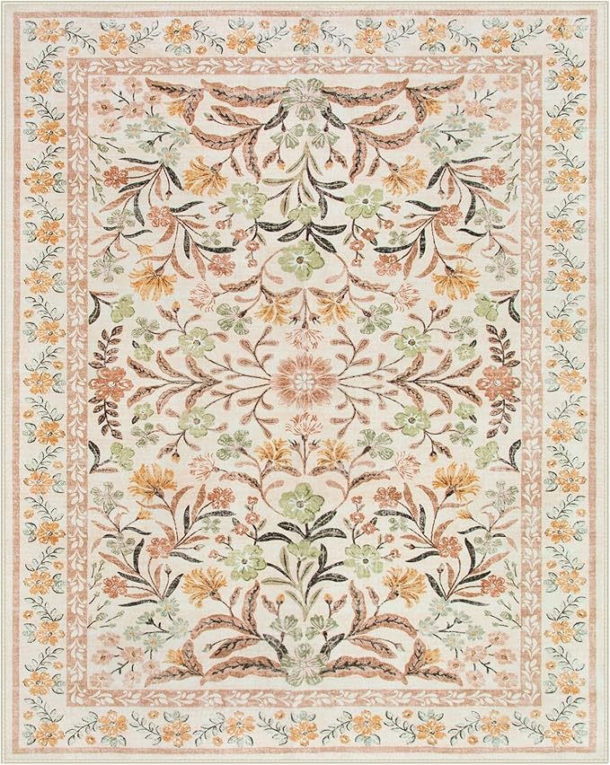 Lahome Sylvie Fall Floral Washable Area Rugs 8x10, Boho Living Room Large Rugs Non-Slip for Bedroom, Soft Rubber Backed Burnt Orange Carpet for Dining Playroom Decor, Ochre Fall